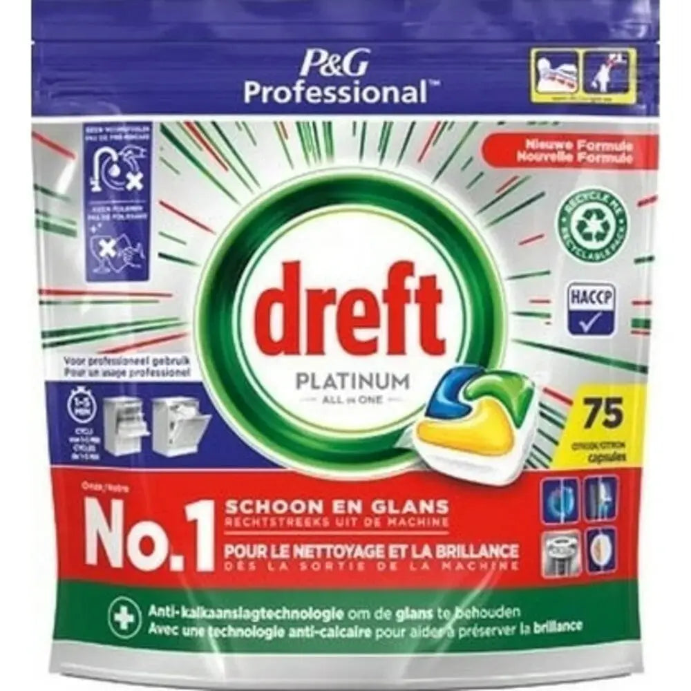 Dreft Platinum Plus vaatwascapsules Lemon 75 stuks – alles-in-één vaatwascapsules met citroengeur